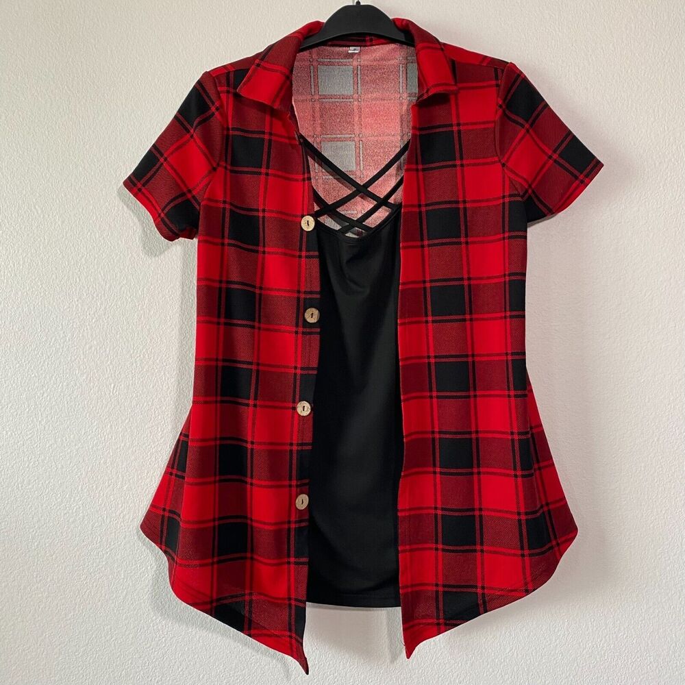 Dressfo‎ Women’s Top Faux Button Size XXL Plaid Black Red